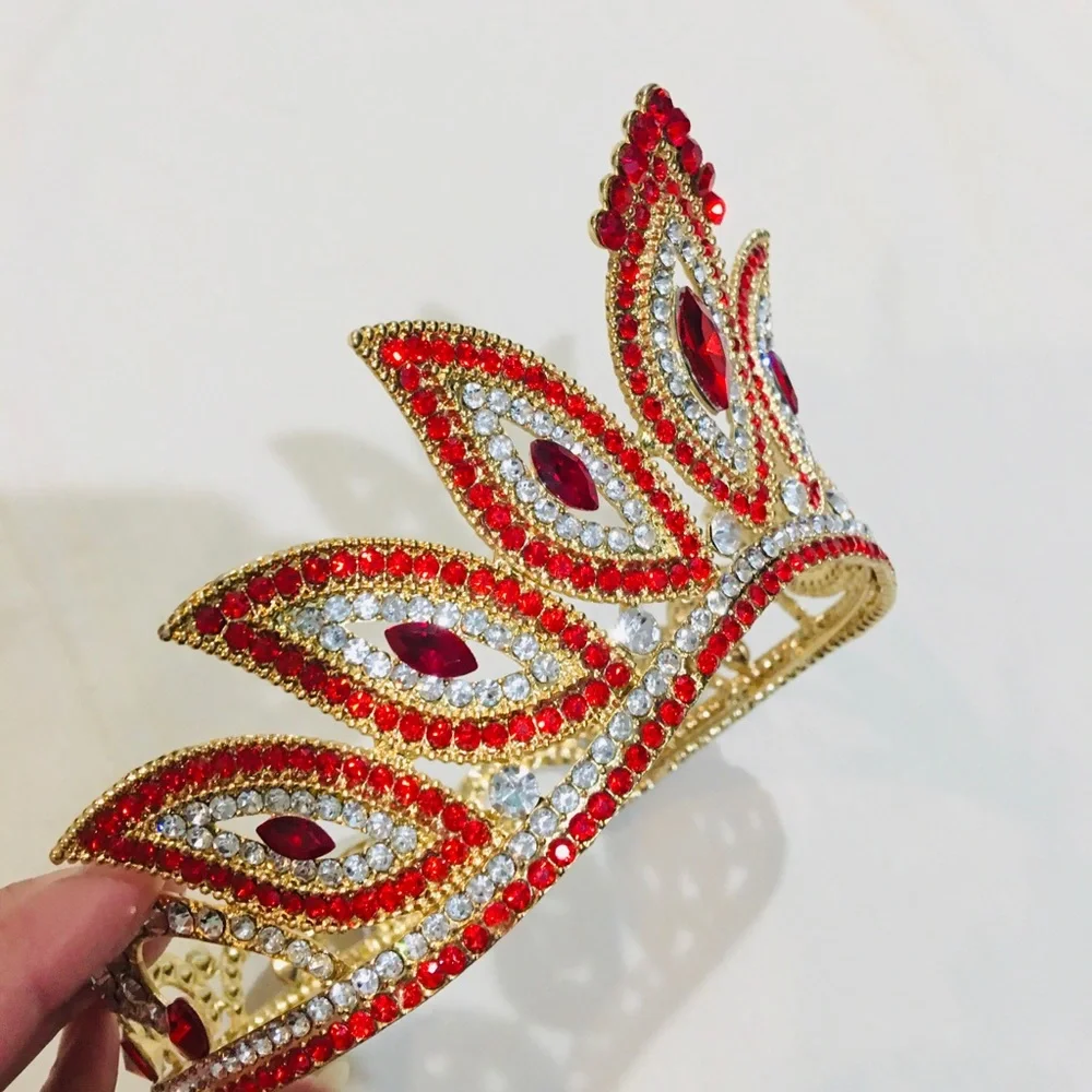 New Ruby and Diamond Rhinestone Gold Metal Crown Tiara Custom Wedding Bridal